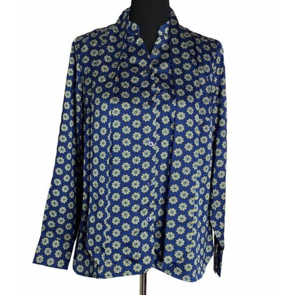 Laurie Felt Womens Button Front Shirt Blue Green Floral Neck Tie Blouse S New - Picture 2 of 9